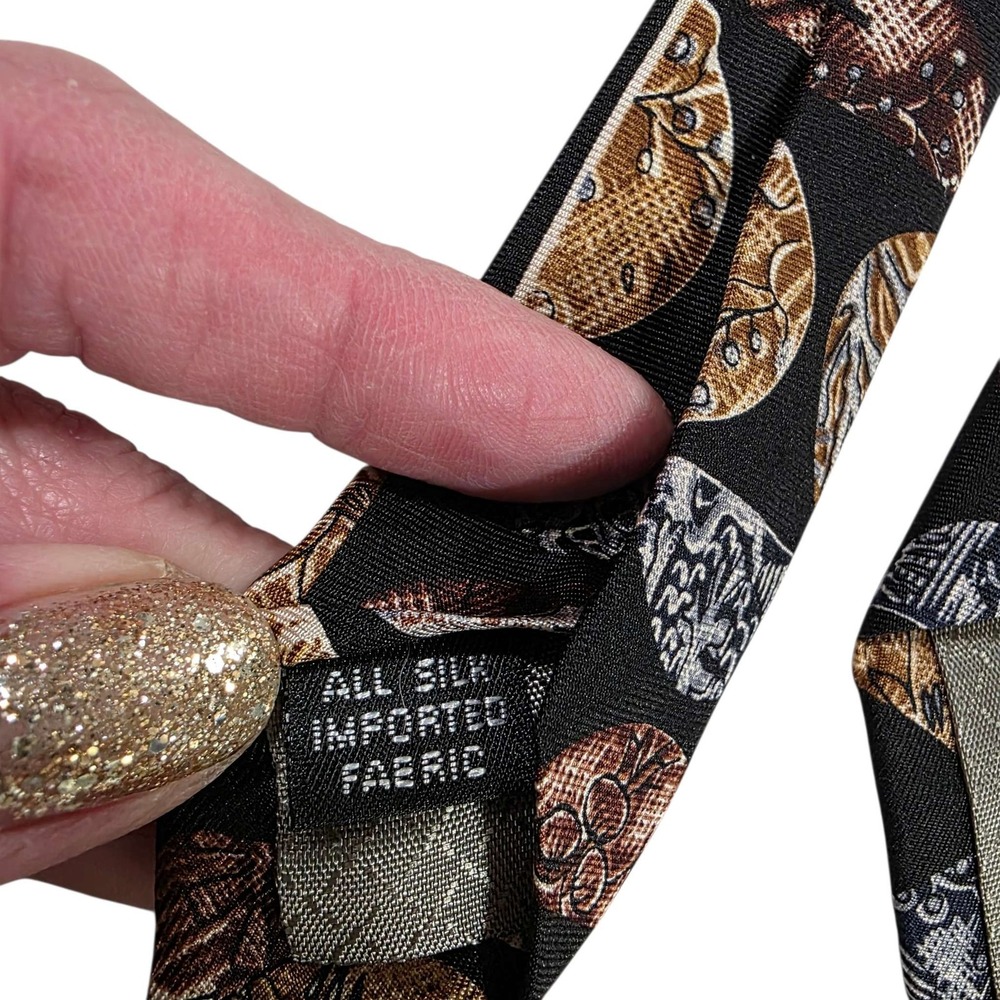 NIPON All Silk Geometric Pattern Necktie Black Gold Brown Men's Formal Power - Picture 2 of 11